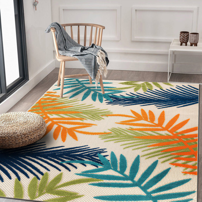 Beachcrest Home Parksley Palm Frond Indoor/Outdoor Area Rug Ivory/Orange/Navy & Reviews